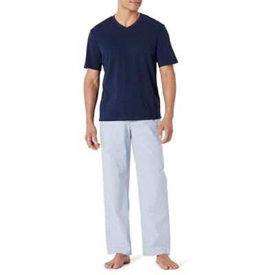 Amazon Essentials Set Pigiama con Pantaloni in Popeline di Cotone Elasticizzato e T-Shirt in Jersey di Cotone Uomo, Blu Marino/Thin Stripe, XS Amazon Essentials Set Pigiama con Pantaloni in Popeline di Cotone Elasticizzato e T-Shirt in Jersey di Cotone Uomo, Blu Marino/Thin Stripe, XS
