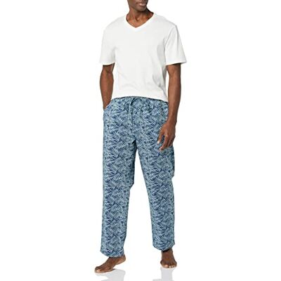 Amazon Essentials Set Pigiama con Pantaloni in Popeline di Cotone Elasticizzato e T-Shirt in Jersey di Cotone Uomo, Bianco/Blu Foglie Di Palma, XL Amazon Essentials Set Pigiama con Pantaloni in Popeline di Cotone Elasticizzato e T-Shirt in Jersey di Cotone Uomo, Bianco/Blu Foglie Di Palma, XL