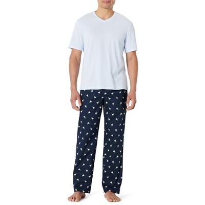 Amazon Essentials Set Pigiama con Pantaloni in Popeline di Cotone Elasticizzato e T-Shirt in Jersey di Cotone Uomo, Anatre/Blu Chiaro, S Amazon Essentials Set Pigiama con Pantaloni in Popeline di Cotone Elasticizzato e T-Shirt in Jersey di Cotone Uomo, Anatre/Blu Chiaro, S