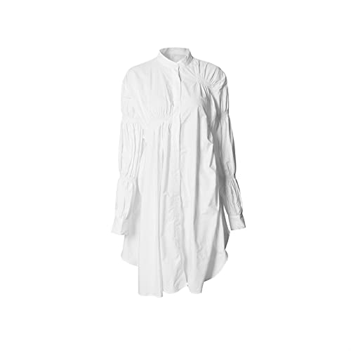 SUKORI Abito Camicia casual da donna bianca pieghettata di grandi dimensioni, colletto alla coreana, manica lunga, vestibilità ampia, primavera autunno