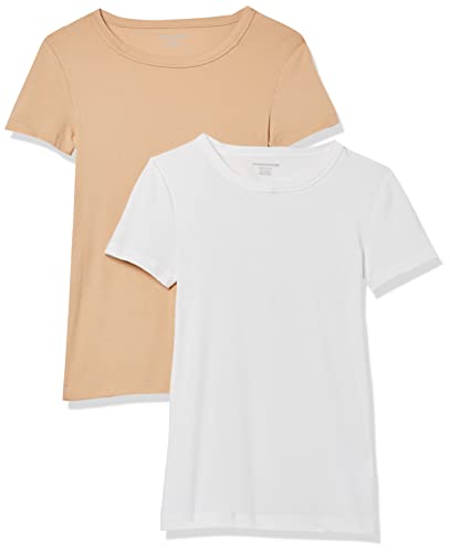 Amazon Essentials T-Shirt Girocollo a Maniche Corte Slim Donna, Pacco da 2, Bianco/Cammello Chiaro, S