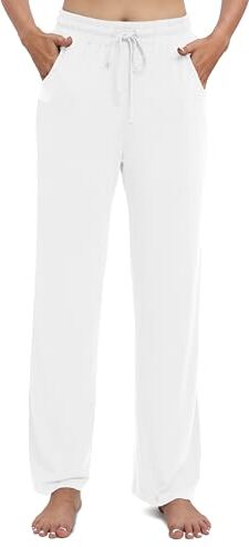 EXCHIC Donne Casual Elastico Gamba Dritta Pantaloni con Coulisse Vita Elastica Pantaloni con Tasche(M, Bianco)