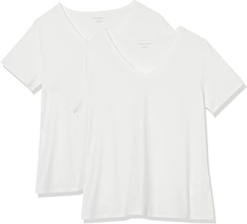 Amazon Essentials T-Shirt con Scollo a v a Maniche Corte con vestibilità Classica Donna, Pacco da 2, Bianco, XS