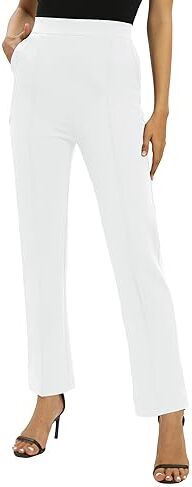 EXCHIC Donne Casual Elastico Gamba Dritta Pantaloni con Coulisse Vita Elastica Pantaloni con Tasche(S, Bianco)