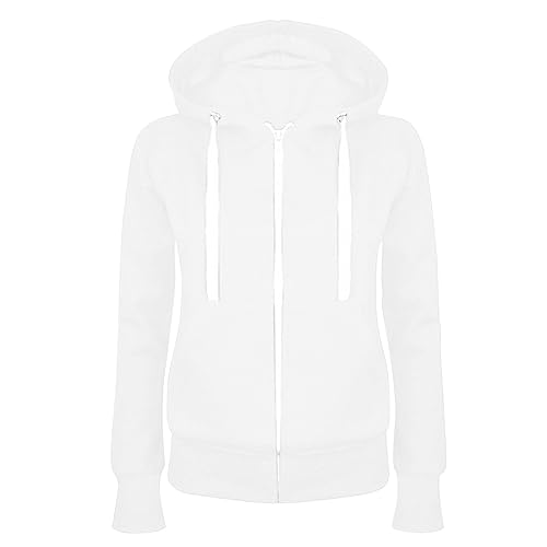 Masrin Felpa da donna Full Zip Giacca per le mezze stagioni, in tinta unita, con cappuccio, giacca college leggera, con cappuccio, in cotone, bianco, S