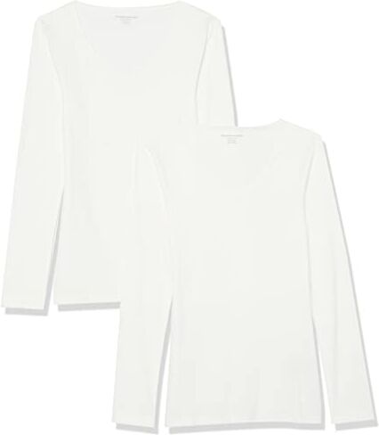 Amazon Essentials Top in Maglia a Costine a Maniche Lunghe con Scollo a V dalla vestibilità Aderente (Disponibile in Taglie Forti) Donna, Pacco da 2, Bianco, XS