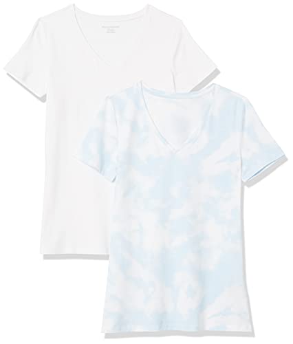 Amazon Essentials T-Shirt con Scollo a v a Maniche Corte con vestibilità Classica Donna, Pacco da 2, Bianco/Blu Tie & Dye, XXL
