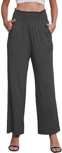 Joligiao Donna Pantaloni Palazzo a Gamba Larga Pantaloni Casual Elastici a Vita Alta con Tasche Pantaloni Yoga Casual a Gamba Dritta Pantaloni Leggeri e Confortevoli Grigio Scuro XL