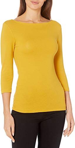 Amazon Essentials T-Shirt con Scollo a Barchetta in Tinta Unita con Manica 3/4 e vestibilità Aderente Donna, Oro, L