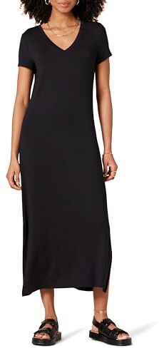 Amazon Essentials Abito Midi a Maniche Corte con Scollo a V in Jersey Donna, Nero, XXL