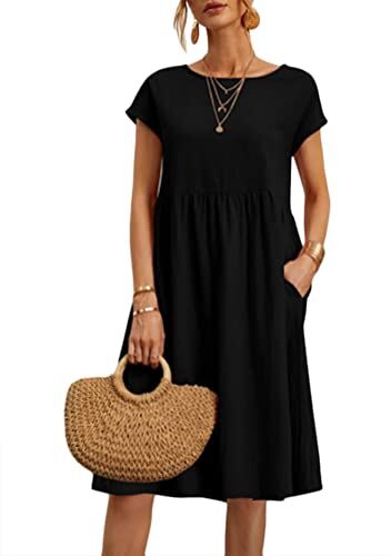 Yesgirl Vestiti da Donna Estivi Girocollo Manica Corta Vestiti Casual Abito in Lino Eleganti Tinta Unita Vestito Boho Abiti al Ginocchio Larghe Abito da Spiaggia A Nero L