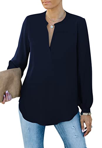 Homlan Camicia da Donna Elegante con Scollo a V, a Maniche Lunghe, da Lavoro, Casual, a Maniche Lunghe, Tinta Unita, Blu Scuro, M