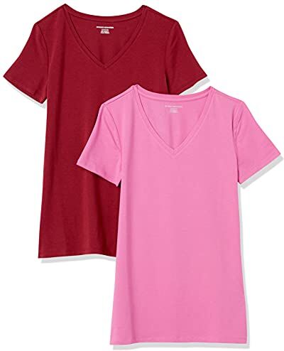 Amazon Essentials T-Shirt con Scollo a v a Maniche Corte con vestibilità Classica Donna, Pacco da 2, Bordeaux/Rosa, XXL