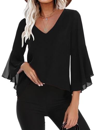 Gyabnw Camicetta Donna Casual in Chiffon Estiva Camicia Elegante Traspirante di 3/4 Manica a Volant Scollo a V Blusa Leggero Classiaca Nero, M