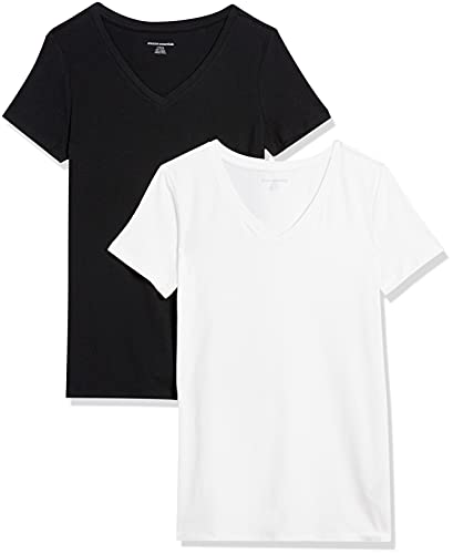 Amazon Essentials T-Shirt con Scollo a v a Maniche Corte con vestibilità Classica Donna, Pacco da 2, Nero/Bianco, XS