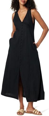 The Drop Blanca Linen Button Front V-Neck Maxi Dress Vestiti, Nero, XXS