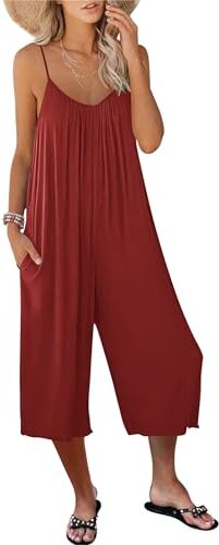 AUSELILY Tuta Donna Estiva Jumpsuit Donna Senza Manica Estiva Tutine Pantaloni Pagliaccetto con Tasche Rosso Vino S