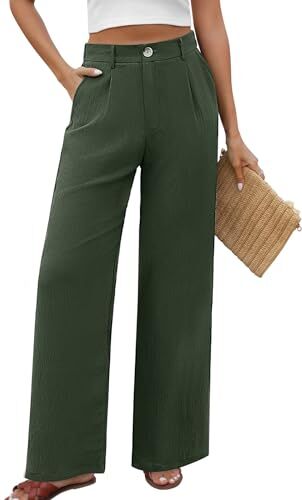 PASUDA Pantaloni Donna Estivi Comodi Larghi Pantaloni Casual Vita Alta Pantaloni Eleganti Pantaloni da Completo Leggeri Pantalone da Spiaggia con Tasca e Striscia di Bottoni (Verde, M)