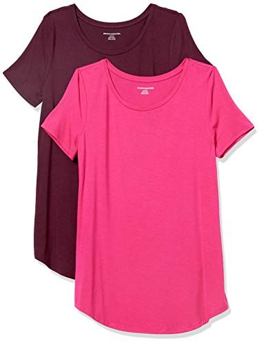 Amazon Essentials Tunica con Scollo Rotondo a Maniche Corte Donna, Pacco da 2, Rosa Brillante/Bordeaux, XS