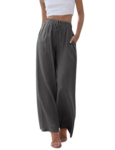 Voqeen Pantaloni Estivi da Donna in Lino Pantaloni Casual in Cotone e Tessuto di Lino Pantaloni Casual Monocromatici Pantaloni da Spiaggia a Vita Alta e Gamba Larga con Tasche