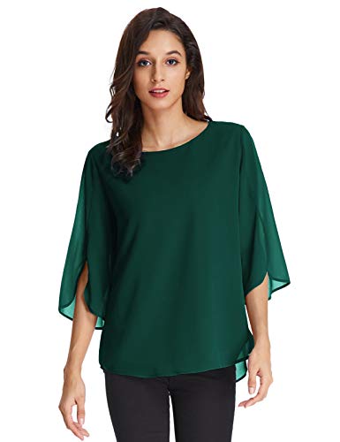 GRACE KARIN Donna Camicetta Larga in Chiffon Elegante Maniche Corte Top T-Shirt Scollo Tondo per Estivo Primavera Verde XL CLAF15-22