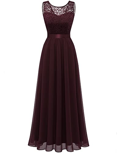 Berylove Ladies Evening Dress Elegante Cocktail Dress Lungo Damigella d'Onore Chiffon Lace Dress Wedding Party Burgundy BLP7024 Burgundy XL