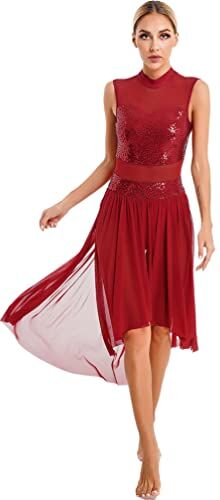 TiaoBug Abito da Ballo Donna Latino Americano Pizzo Trasparente Vestito Danza Classica con Nappa Salsa Samba Rumba Abito da Ballerina Jazz Danza Moderna Dancewear Borgogna C M