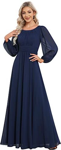 Ever-Pretty Vestito da Sera Donna Lungo Cintura Rotondo Manica Lunga Elegante Abiti da Cerimonia Blu Navy 38