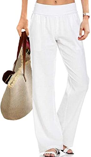 ORANDESIGNE Donna Pantaloni Larghi Lino Vita Alta Pantaloni Gamba Larga Estivi con Coulisse B Bianco S