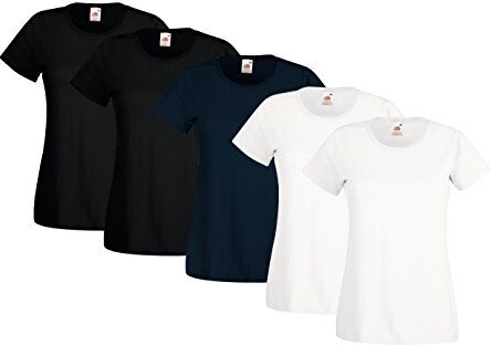 Fruit of the Loom Valueweight T-Shirt, Multicolore (2 Bianco/2 Nero/1 Blu), Medium (Taglia Produttore:M) (Pacco da 5) Donna