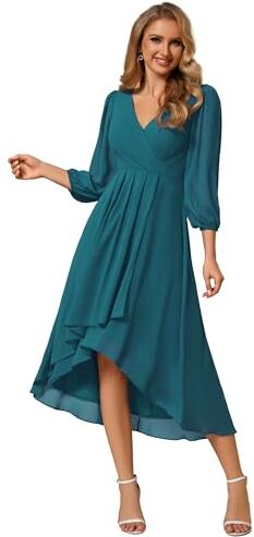 Ever-Pretty Vestito Elegante Donna Cerimonia Manica Lunga Collo a V Gonna Midi Teal 36