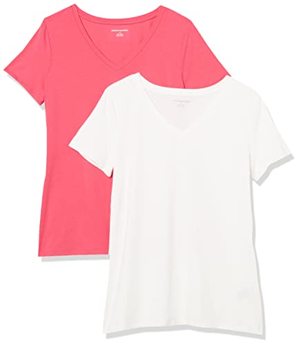 Amazon Essentials T-Shirt con Scollo a v a Maniche Corte con vestibilità Classica Donna, Pacco da 2, Rosa Brillante/Bianco, L