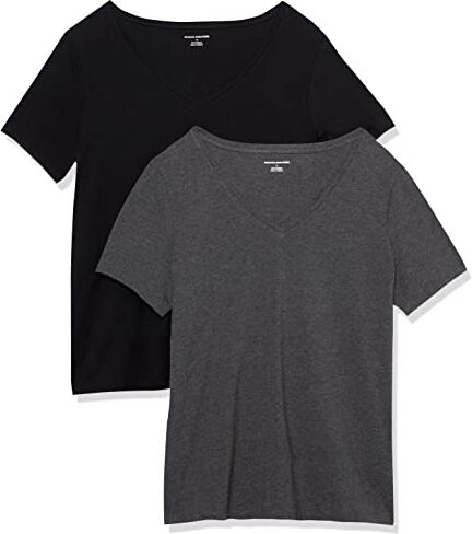 Amazon Essentials T-Shirt con Scollo a v a Maniche Corte con vestibilità Classica Donna, Pacco da 2, Nero/Carbone Puntinato, XL