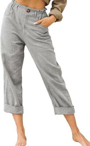 CheChury Pantaloni Lino Donna Vita Alta Estivi Comodi Pantaloni Larghi Donna Eleganti Pantaloni Gamba Dritta Donna Pantaloni Casual Spiaggia con Tasca Pantaloni Lino Donna Estivi Pantaloni Donna