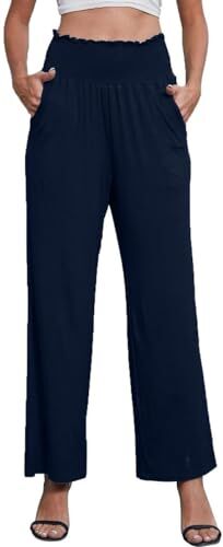 Joligiao Donna Pantaloni Palazzo a Gamba Larga Pantaloni Casual Elastici a Vita Alta con Tasche Pantaloni Yoga Casual a Gamba Dritta Pantaloni Leggeri e Confortevoli Blu Scuro L