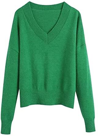 SUKORI Maglione Da Donna Maglione verde donna maglione lavorato a maglia morbido donna scollo a V manica lunga donna maglioni pullover donna top (Color : Green, Size : S)