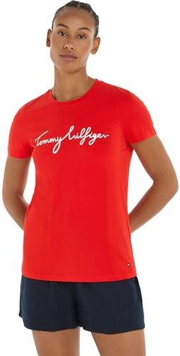 Tommy Hilfiger T-shirt Maniche Corte Donna Scollo Rotondo, Rosso (Fierce Red), L