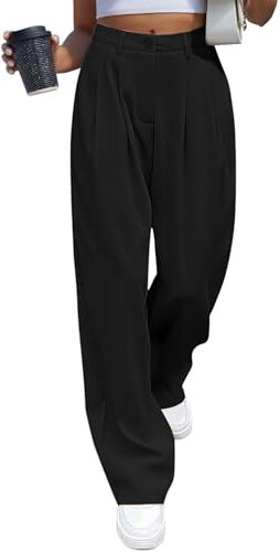 CMTOP Pantaloni Donna Eleganti Pantaloni Leggeri Donna Estivi Vita Alta Pantaloni Lunghi Casual Gamba Dritta Palazzo Tinta Unita Morbidi Pantaloni Larghi Comodi Pantalone con Tasche(Nero, L)