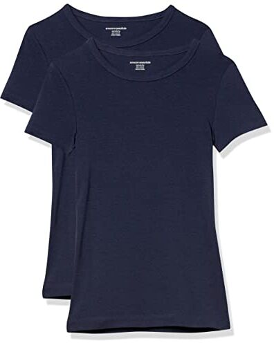 Amazon Essentials T-Shirt Girocollo a Maniche Corte Slim Donna, Pacco da 2, Blu Marino, XS