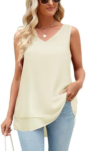 heekpek Canotta Donna Estiva Senza Maniche Top Donna Elegante in Chiffon Scollo a V Canotte e Top Leggero Basic Camicette da Donna, Beige, L