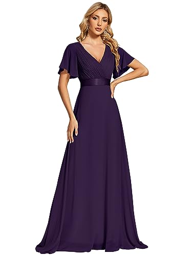 Ever-Pretty Abiti da Sera Donna Stile Impero Linea ad A Scollo a V Maniche Corte Lungo Viola Scuro 48