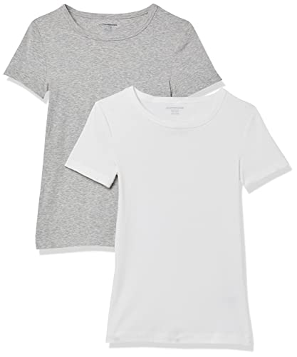 Amazon Essentials T-Shirt Girocollo a Maniche Corte Slim Donna, Pacco da 2, Bianco/Grigio Chiaro Puntinato, XS