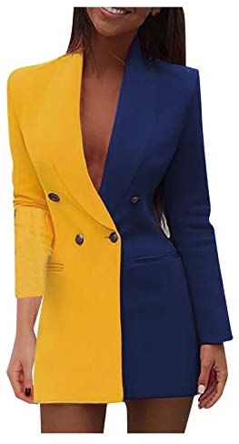 Generic Cappotto da donna in pelle a maniche lunghe con colletto a V giacca invernale sexy in pelle PU giacca aderente in pelle mini abito in pelle con cintura plus size abiti formali corti (03B-giallo, XL)