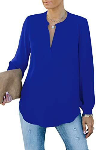 Homlan Camicia da Donna Elegante con Scollo a V, a Maniche Lunghe, da Lavoro, Casual, a Maniche Lunghe, Tinta Unita, Blu Reale, XXL