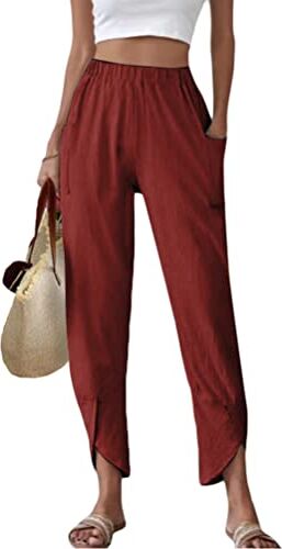 ORANDESIGNE Pantaloni Casual Donna in Lino Elegante con Elastico in Vita Pantalone Estivo con Tasche per Vacanze Lavoro C Vino Rosso M