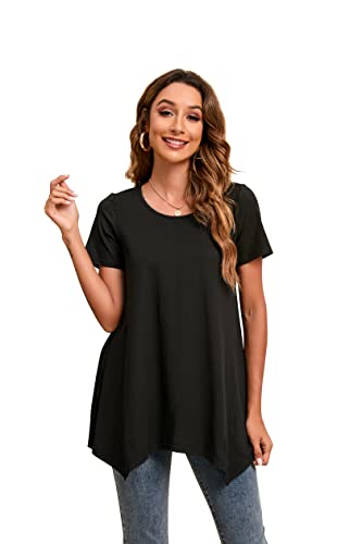 Enmain Nero Maglietta Lunga Donna Floreale con Scollo Tondo Camicetta Ampia Tunic Top Camicia Donna Manica Corta Bluse e Camicie da Donna M