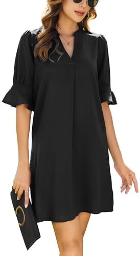 CMTOP Donna Manica Corta Tinta Unita Donna Estivi Scollo V Manica Corta Eleganti Midi Lunghi Abito da Spiaggia Vestiti XXL Nero