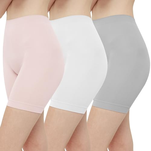 INNERSY Pantaloncini Sottogonna Donna Leggings Corti Antisfregamento sotto Vestito Boxer Pacco da 3 (M, Grigio/Bianco/Rosa)