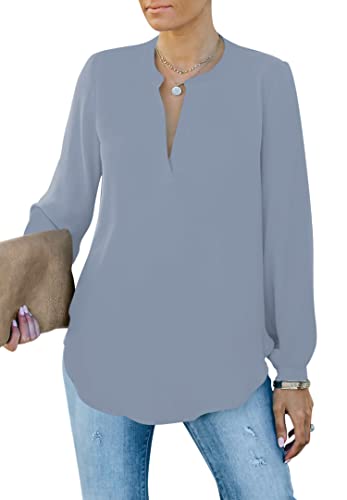 Homlan Camicia da Donna Elegante con Scollo a V, a Maniche Lunghe, da Lavoro, Casual, a Maniche Lunghe, Tinta Unita, Grigio., S