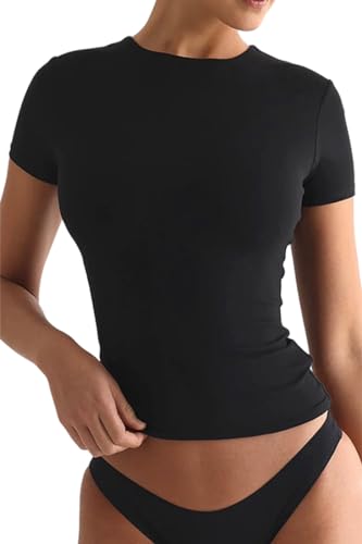 WINKEEY Maglietta Donna T Shirt Girocollo a Maniche Corte Maglie Basic Shirt Slim Fit T-Shirt Y2k Crop Top,Nero M